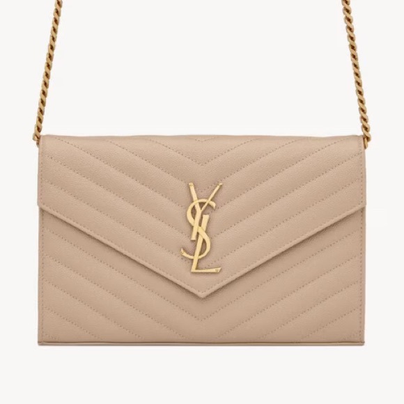 SAINT LAURENT (YSL) CLASSIC CASSANDRE CHAIN WALLET IN GRAIN DE POUDRE DARK BEIGE - Picture 1 of 1